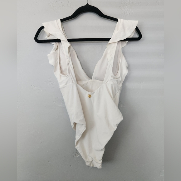 Malai White Ruffled One Piece Bridal V Neck Low Back Swimsuit Small - Picture 2 of 7